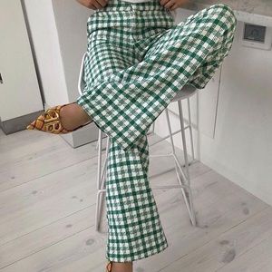 Zara High Waisted Green Checked Trousers